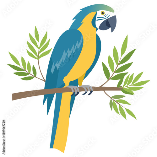 Macaw parrot sitting on a branch vector illustration. Exotic yellow blue bird on isolated background