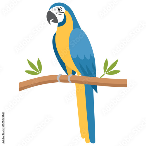 Macaw parrot sitting on a branch vector illustration. Exotic yellow blue bird on isolated background