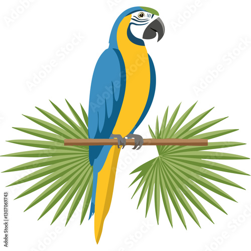 Macaw parrot sitting on a branch vector illustration. Exotic yellow blue bird on isolated background