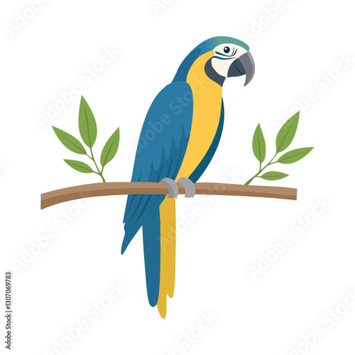 Macaw parrot sitting on a branch vector illustration. Exotic yellow blue bird on isolated background