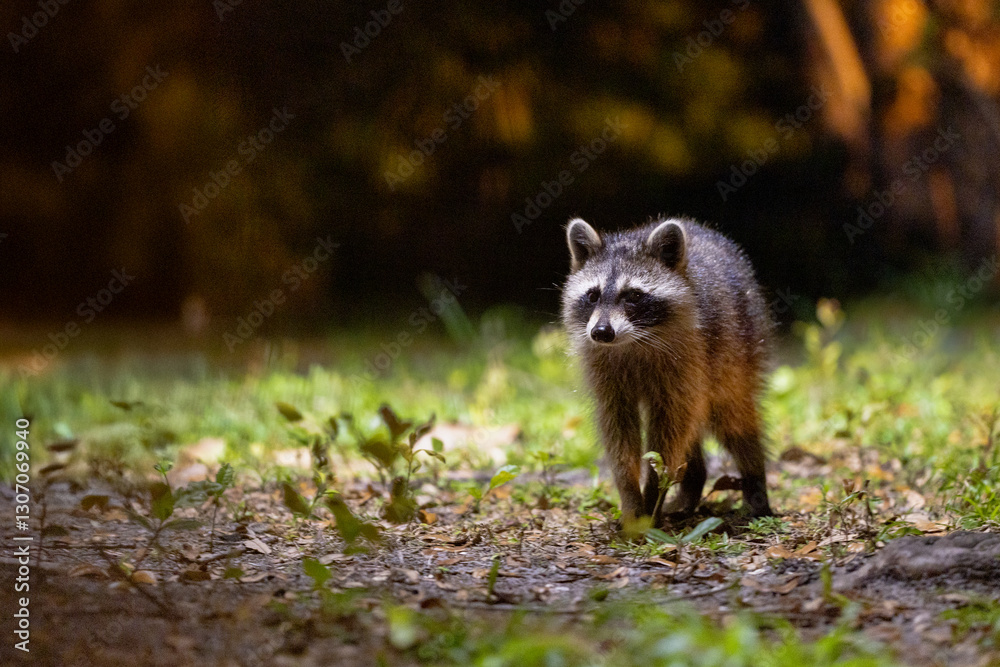 Naklejka premium Raccoons (Procyon lotor) walking through a suburban area at night in Sarasota, Florida