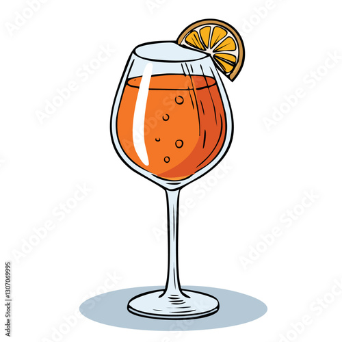 Spritz cocktail in a glass vector color illustration in sketch style. Line art drawing of refreshing orange drink with ice. Colored engraving for bar and menu.	
