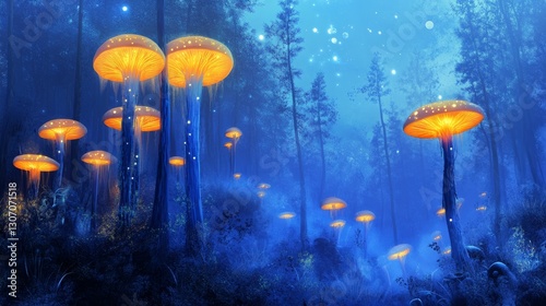 alien forest with towering plants, glowing fungi, blue mist, bizarre creatures, soft moonlight, surreal and otherworldly atmosphere