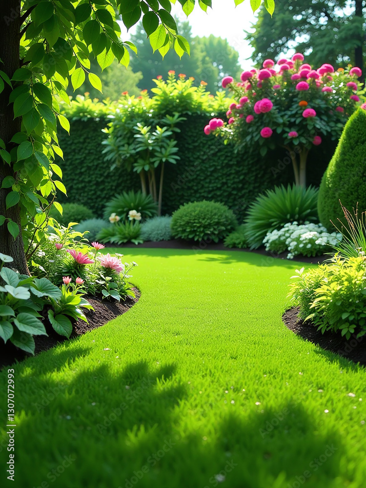 Fototapeta premium Beautiful Lawn Backgrounds Are Often Used In Gardening Design To Create A Visually Appealing Outdoor Space With Lush Vegetation.