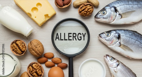 Flat lay of allergy-related foods, magnifying glass with 