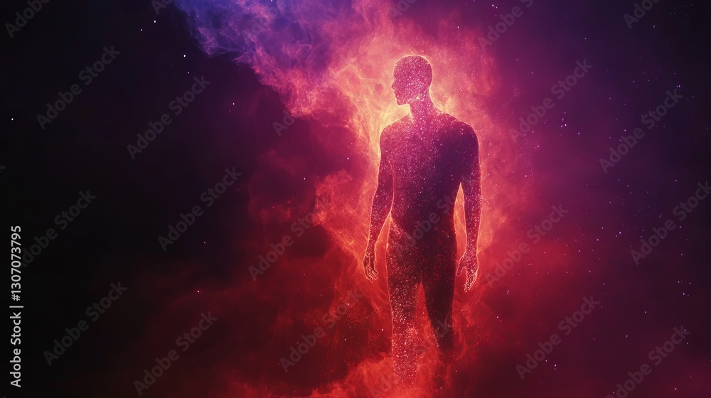 Human silhouette dissolving into floating particles, abstract and cosmic, highly detailed and futuristic, vibrant and surreal, dynamic and powerful Human silhouette dissolving into floating particles, abstract and cosmic, highly detailed and futuristic, vibrant and surreal, dynamic and powerful