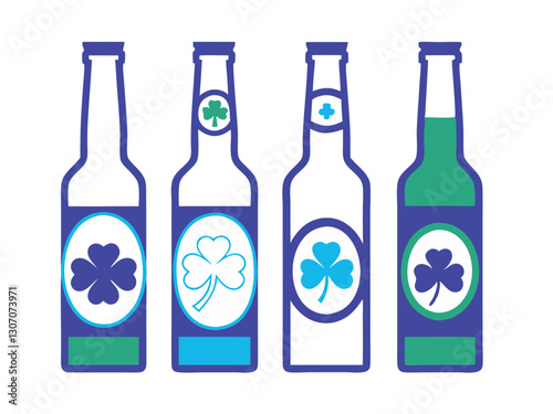 A set of St. Patrick’s Day-themed beer bottles with different label designs and shamrock decorations, isolated on a white background.
