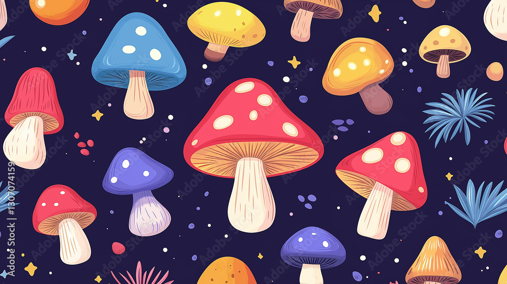 Whimsical Mushroom Fantasy: A vibrant collection of whimsical mushrooms, each with unique patterns, are scattered across a captivating dark background filled with stars and foliage. Whimsical Mushroom Fantasy: A vibrant collection of whimsical mushrooms, each with unique patterns, are scattered across a captivating dark background filled with stars and foliage.