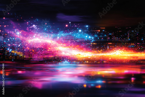 Cosmic pixel art explosion with scattered dots  sharp lines  quirky 8-bit symbols  pastel and neon Memphis colors  resembling a digital nebula in outer space