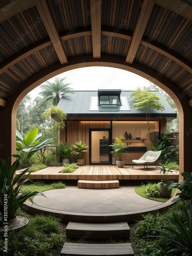 Fototapeta premium Rustic Wooden Patio with Inviting Bench Surrounded by Lush Greenery Creating a Cozy Relaxing Space