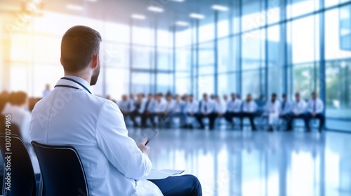 A professional medical gathering in a spacious conference venue, where physicians and healthcare experts debate new treatment approaches and pharmaceutical innovations. photo
