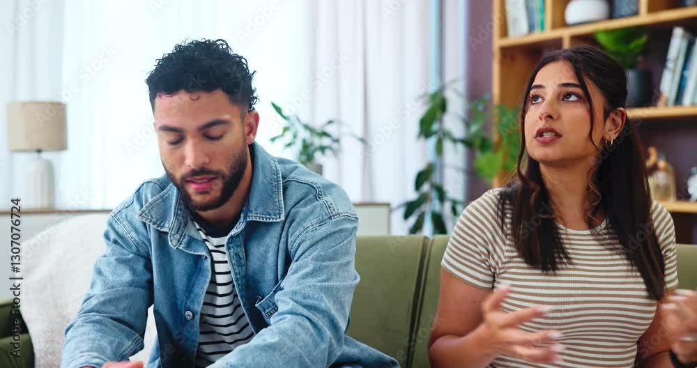 Frustrated couple, fight or ignore with disagreement on sofa for conflict or cheating affair at home. People, separation or toxic relationship with argument for breakup, divorce or dispute at house