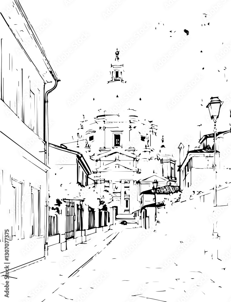 Obraz premium architecture, building, coloring page, sketch, drawing, city, vector, street, illustration, town, church, old, paris, art, house, urban, london, landscape, europe, travel, cityscape, construction, tre