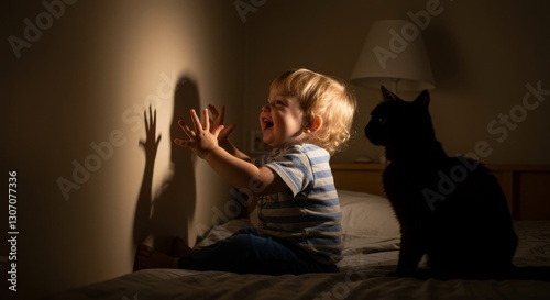 A curious toddler sits in a dimly lit room, forming playful shadow puppets with their hands against a warmly lit wall