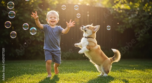 A joyful toddler with five fingers and a bright smile runs barefoot across a sunlit backyard, reaching out to catch floating soap bubbles