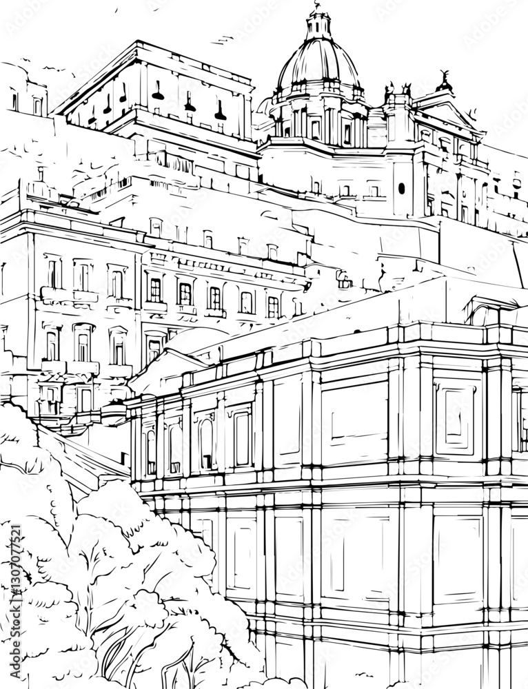 Obraz premium architecture, building, coloring page, sketch, drawing, city, vector, street, illustration, town, church, old, paris, art, house, urban, london, landscape, europe, travel, cityscape, construction, tre