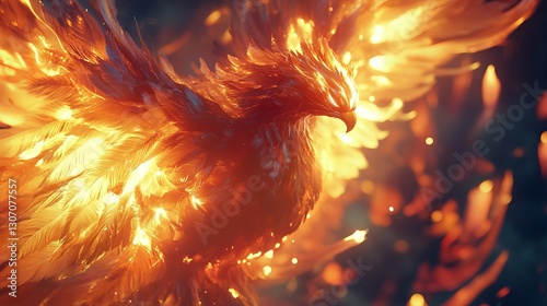Mythical phoenix reborn from flames, glowing with radiant fire, fantasy realism, cinematic and powerful, highly detailed feathers, vibrant and majestic