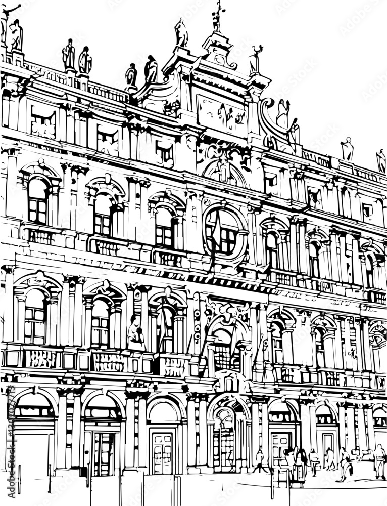 Obraz premium architecture, building, coloring page, sketch, drawing, city, vector, street, illustration, town, church, old, paris, art, house, urban, london, landscape, europe, travel, cityscape, construction, tre