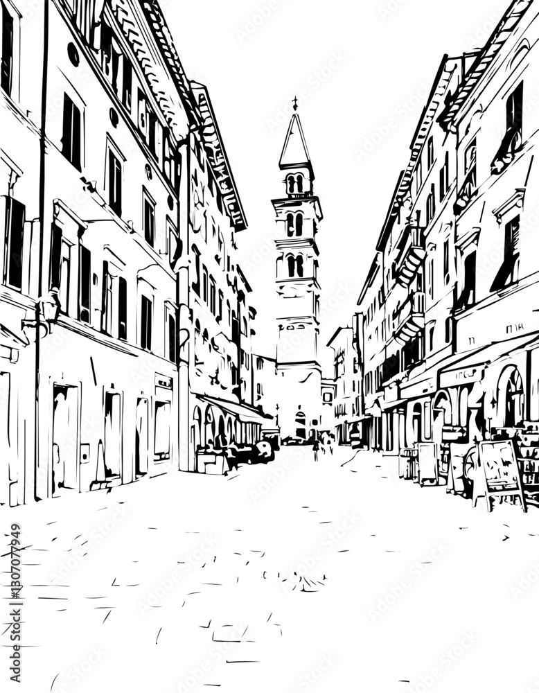 Obraz premium architecture, building, coloring page, sketch, drawing, city, vector, street, illustration, town, church, old, paris, art, house, urban, london, landscape, europe, travel, cityscape, construction, tre