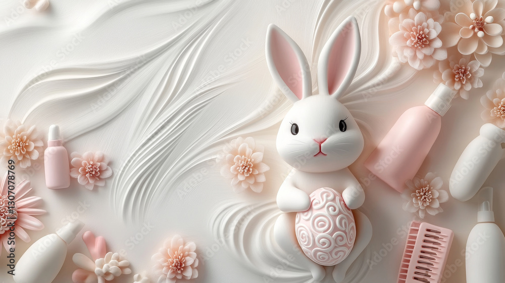 Obraz premium Easter bunny sitting among decorative elements, cosmetics and bath products and holding a pink patterned egg. Easter greetings from wellness and spa salon. Happy Easter. With copy space