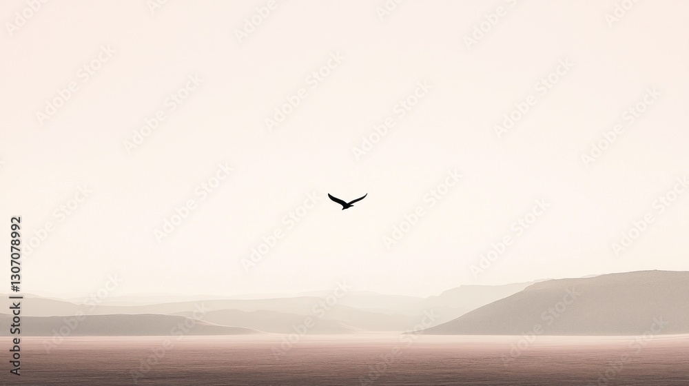 Naklejka premium A soaring bird travels above serene mountains and flatlands