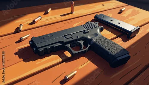 Sleek black handgun on wooden table with scattered bullets, tension