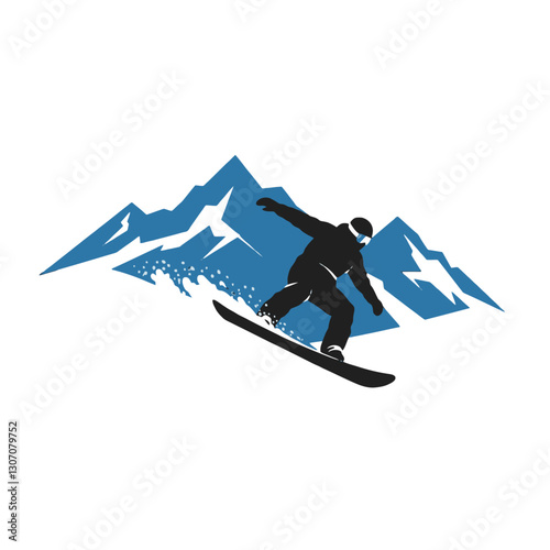 Snowboarder Riding on Slopes with Mountain Backdrop in Action