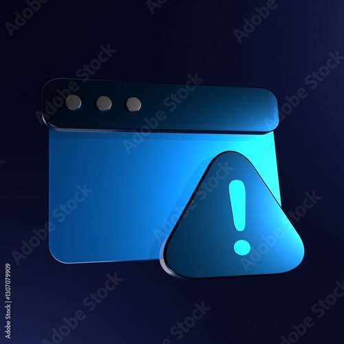 Warning Sign: A minimalist 3D render of a web browser window with an alert symbol, conveying a sense of caution or a system notification in a digital context. 