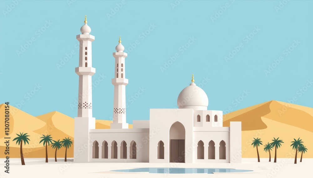 Fototapeta premium Minimalist modern mosque in desert landscape, serenity and peace