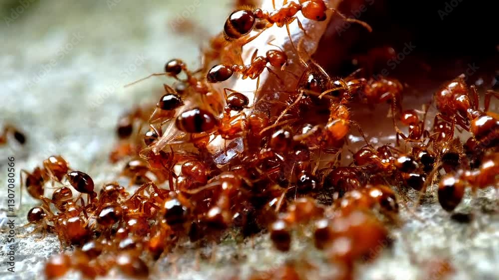 Vibrant close-up image showcasing a group of ants persistently collaborating in their intricate ecosystem. Demonstrates impressive teamwork and highlights the wonders of nature's