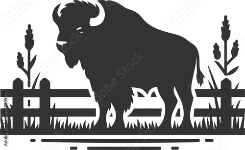 Buffalo standing near an old wooden fence animal vector silhouette