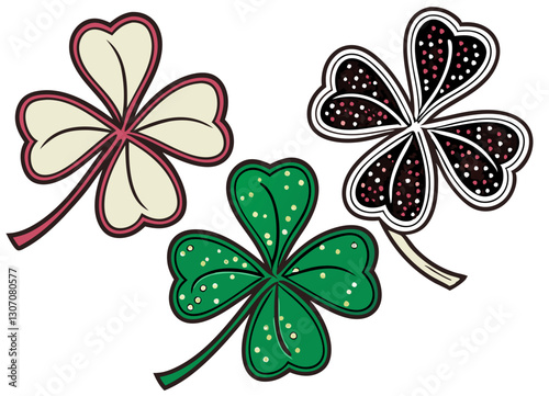 A pack of sparkling shamrock shapes in glittery textures, isolated on a white background.
