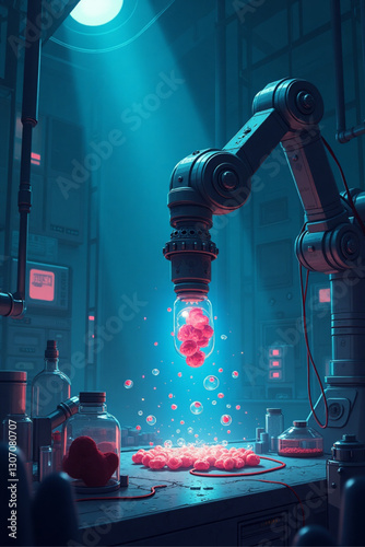 Advanced science lab with robotic arm conducting experiments on mysterious specimen