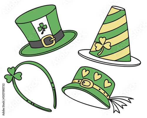 A collection of festive St. Patrick’s Day party hats in various styles, including top hats, cone-shaped hats, and headbands adorned with shamrocks and gold accents, isolated on a white background.
