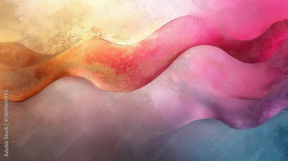 Fototapeta premium A vibrant abstract composition featuring flowing waves of colors ranging from pink to gold, creating a sense of movement and depth.