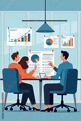 "Business Marketing Team Strategizing, Reviewing Financial Reports and Data to Boost Revenue Streams in Modern Office Setting"