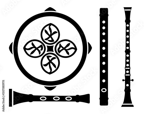 A collection of Irish musical instruments, including traditional Irish drums (bodhrán) and wooden flutes with Celtic engravings, isolated on a white background.

