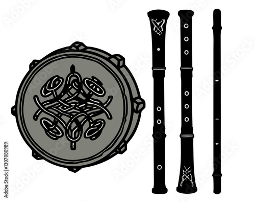 A collection of Irish musical instruments, including traditional Irish drums (bodhrán) and wooden flutes with Celtic engravings, isolated on a white background.
