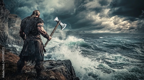 Viking warrior holding a battle axe, standing on a cliffside, dramatic ocean behind, historical and powerful, cinematic atmosphere, highly detailed