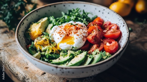 A delicious avocado and poached egg breakfast bowl, with a sprinkle of paprika, resting on a wooden kitchen counter.
