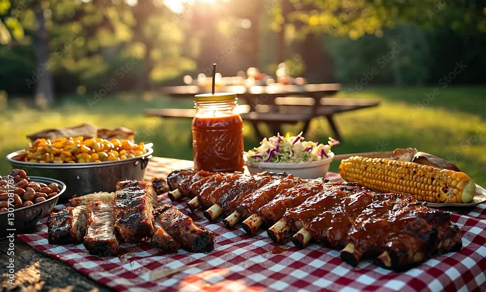 southern bbq spread on an outdoor picnic table orbit left video