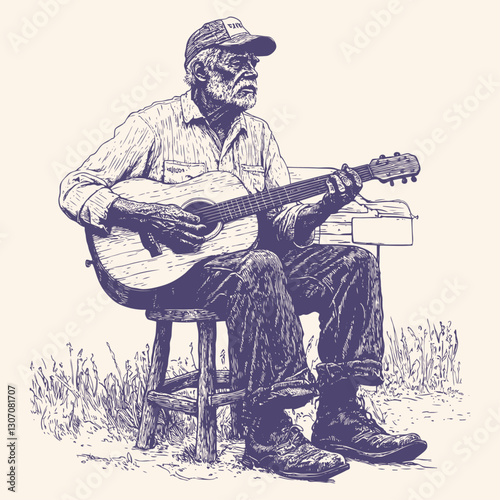Vector illustration of an elderly man playing guitar while seated on a wooden stool. The detailed sketch-style artwork shows a bearded musician wearing a cap and casual clothing