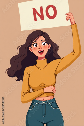 Emotional Vector of Female Protester Holding NO Placard Against Abuse and Mistreatment