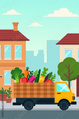 Fresh Vegetables Delivered by Truck via Online App Order to Urban Households