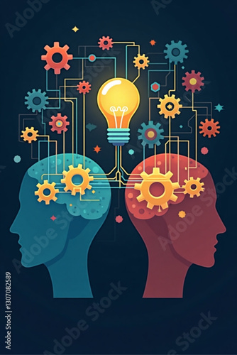 Human Minds Interconnected by Gears and Illuminated by Light Bulbs, Symbolizing Knowledge Sharing