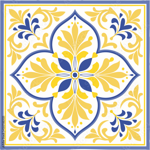 Traditional Azulejo ceramic tiles. Vector Italian print for fabric and wallpaper. Sicilian majolica in blue and yellow colors. Mediterranean style ornament.