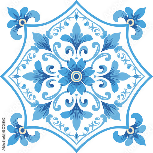 Traditional ceramic tiles Azulejo vector illustration. Italian print and pattern for fabric and wallpaper. Sicilian majolica in blue tones. Ornament in Mediterranean style.