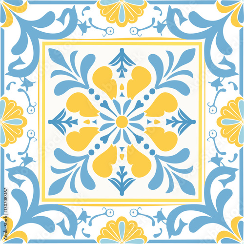 Traditional Azulejo ceramic tiles. Vector Italian print for fabric and wallpaper. Sicilian majolica in blue and yellow colors. Mediterranean style ornament.