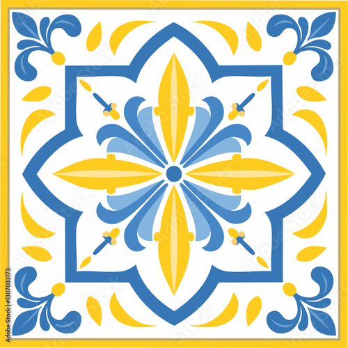 Traditional Azulejo ceramic tiles. Vector Italian print for fabric and wallpaper. Sicilian majolica in blue and yellow colors. Mediterranean style ornament.