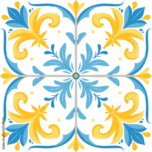 Traditional Azulejo ceramic tiles. Vector Italian print for fabric and wallpaper. Sicilian majolica in blue and yellow colors. Mediterranean style ornament.